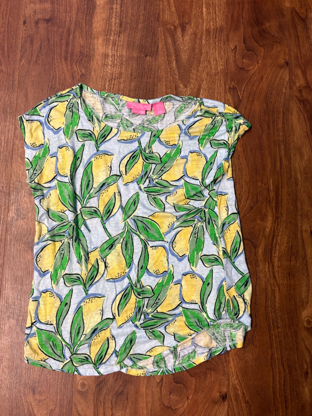 Isaac Mizrahi NY 100% Linen Lemon Print Short Sleeve Top Blouse Blue Yellow - S